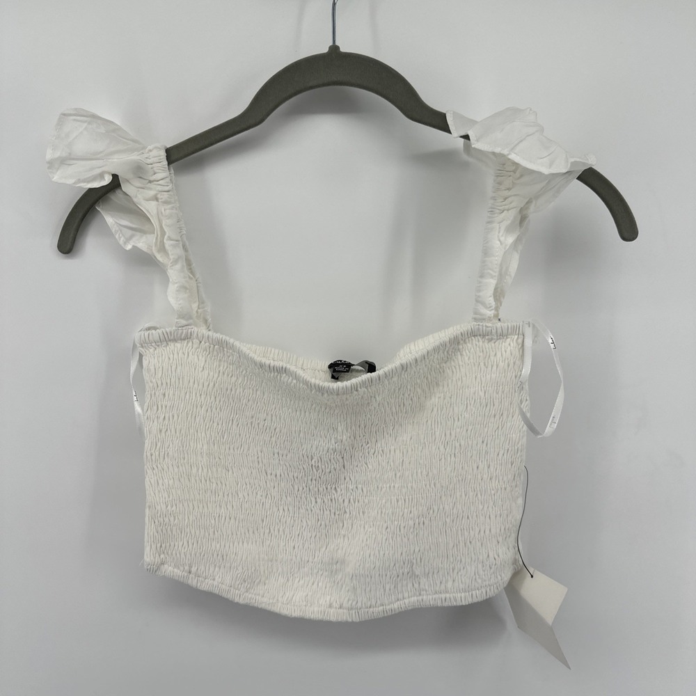 Lulus Smocked Cropped top XS 90s Y2K Cream/Ivory Ruffle Shoulder Straps NEW
